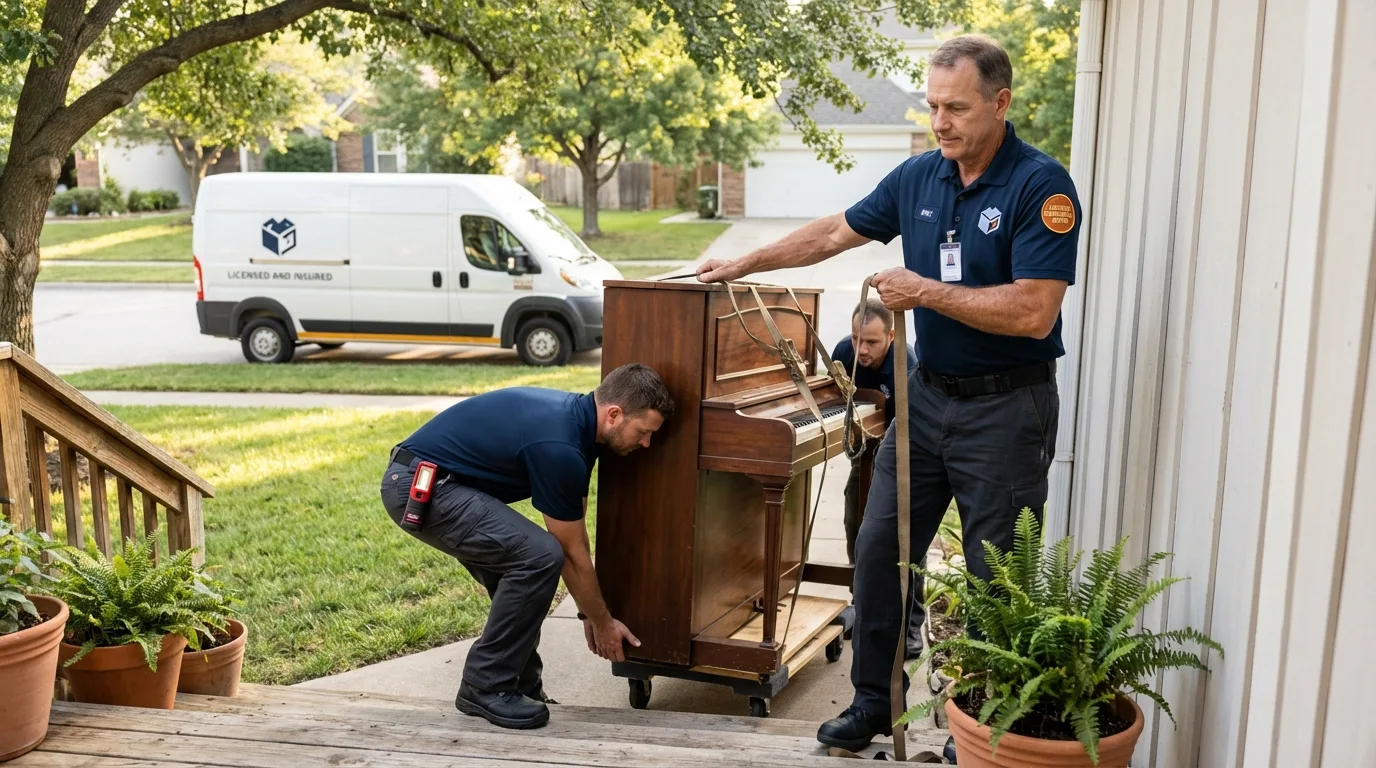 Licensed piano movers securing grand piano in Burlington, KS
