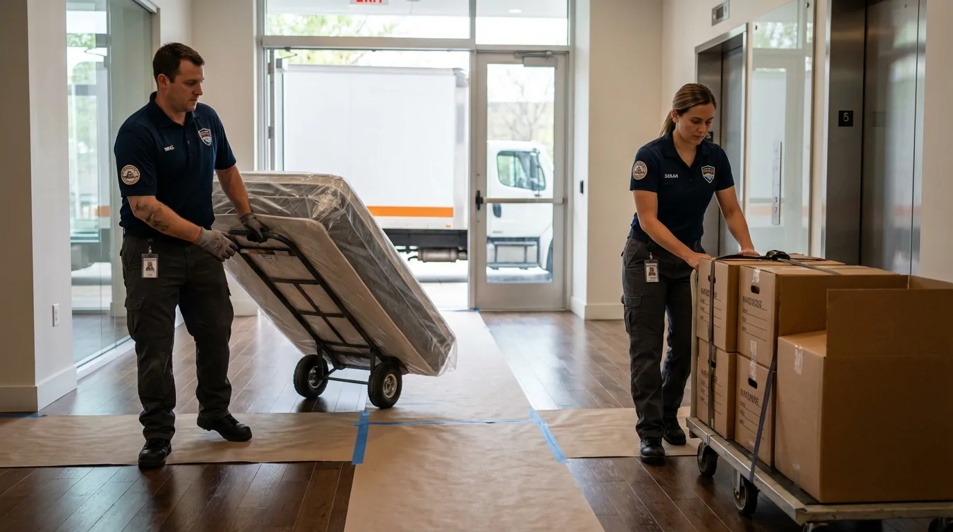Professional apartment movers loading elevator in Burlington, KS